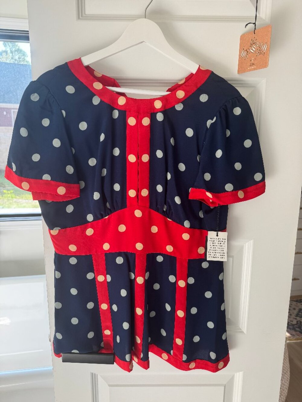 NWT Anna Sui Silk Top Size 8 Navy Red Polka Dot Open Back